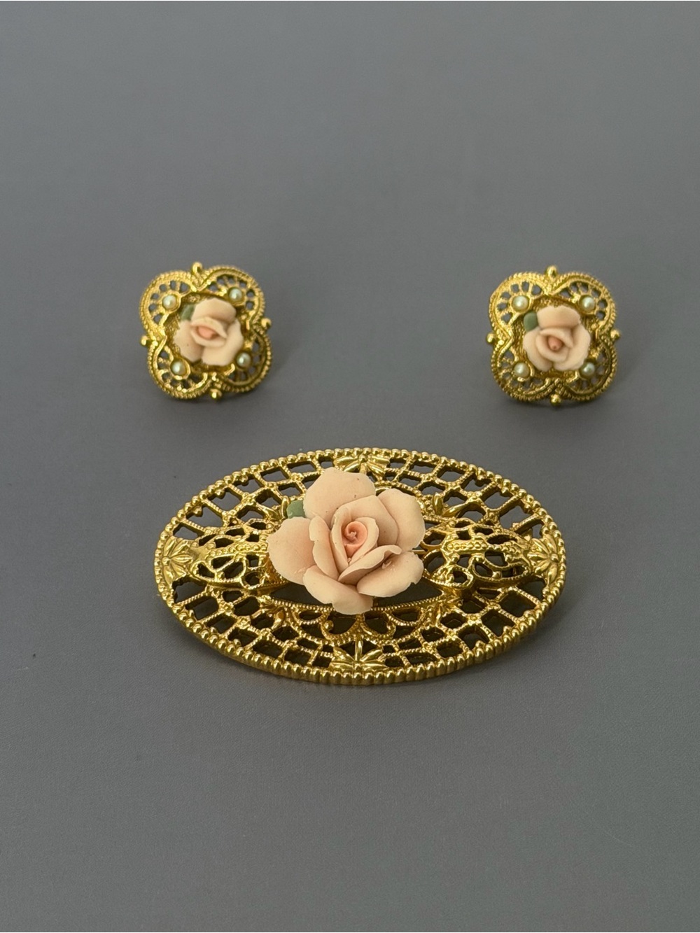 1928 Gold-Tone Filigree Brooch and Earring Set with Pink Porcelain Rose